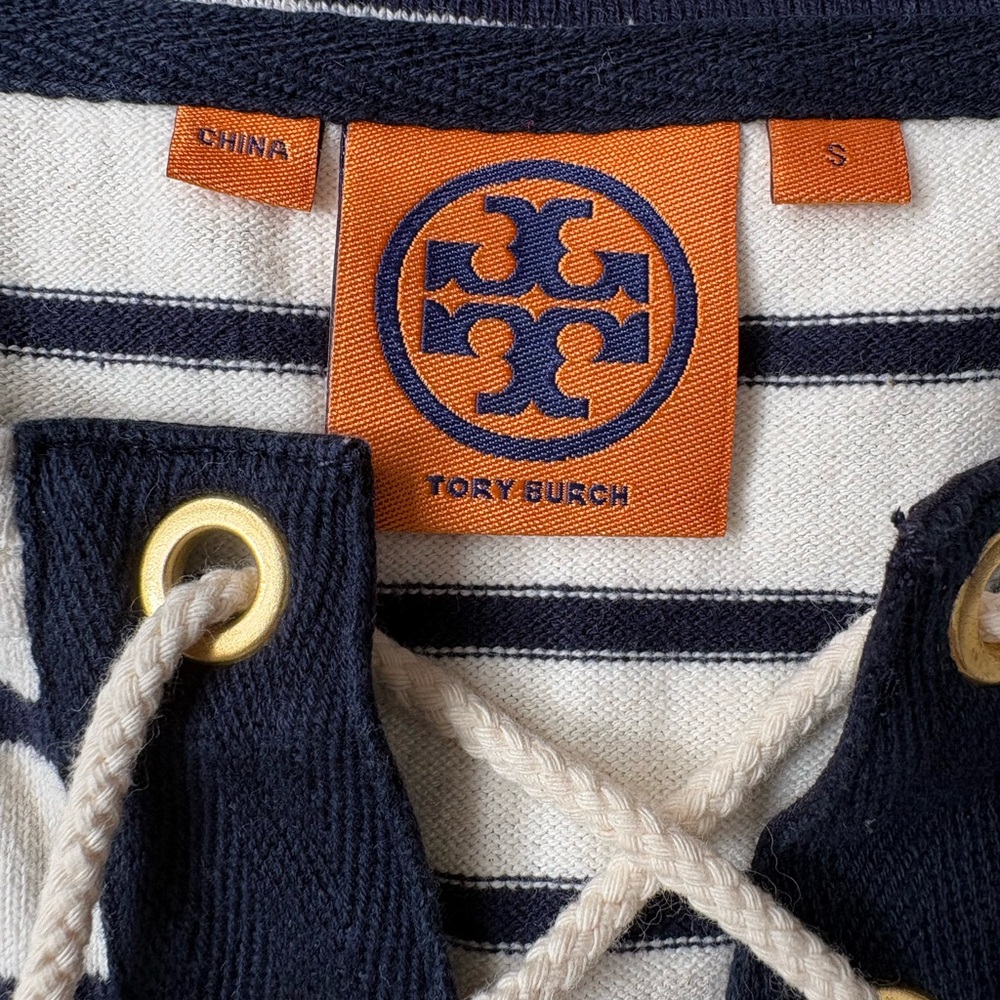 Tory Burch Navy & White Striped Lace-Up Top 3/4 sleeves, nautical sailor, Size S - Picture 3 of 11